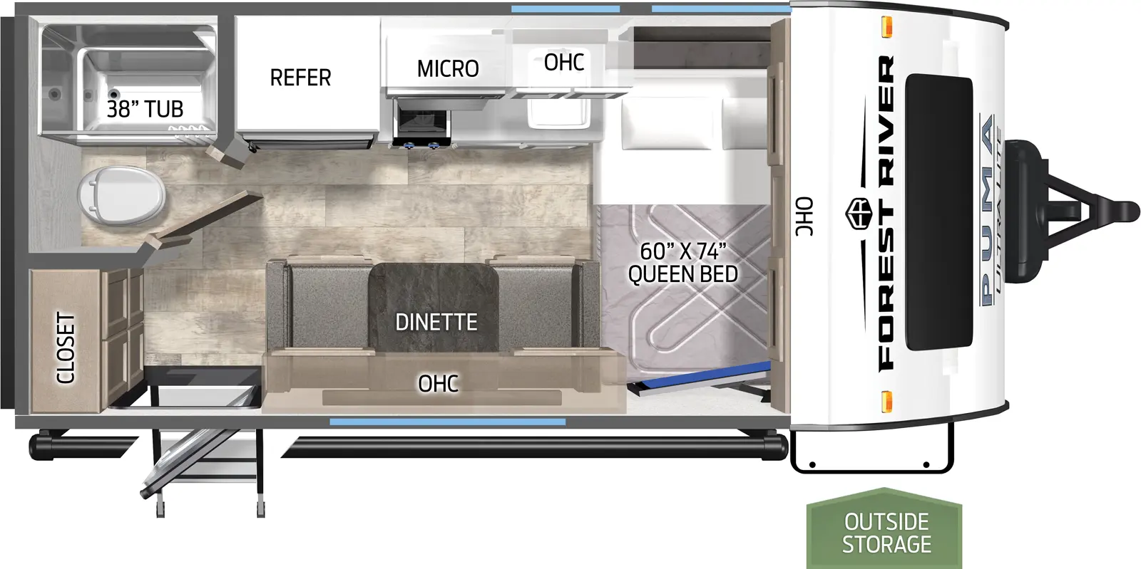 The Puma Ultra Lite 12FBX floorplan has one entry and zero slide outs. Exterior features include: metal exterior and 10' awning. Interiors features include: front bedroom.